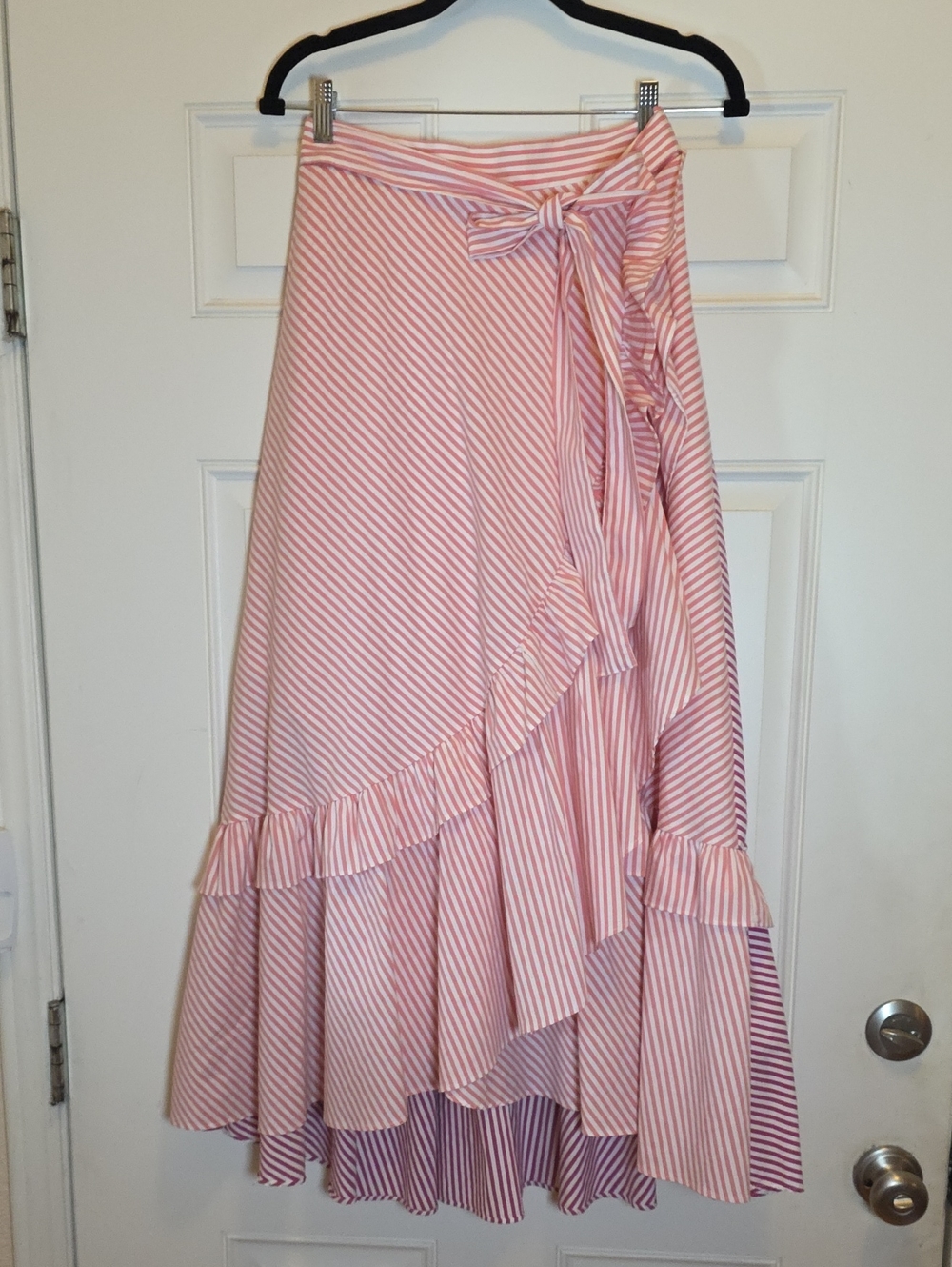 Maeve Anthropologie Penny Ruffled Wrap Midi Skirt Pink White Striped Sz S EUC - Picture 12 of 15